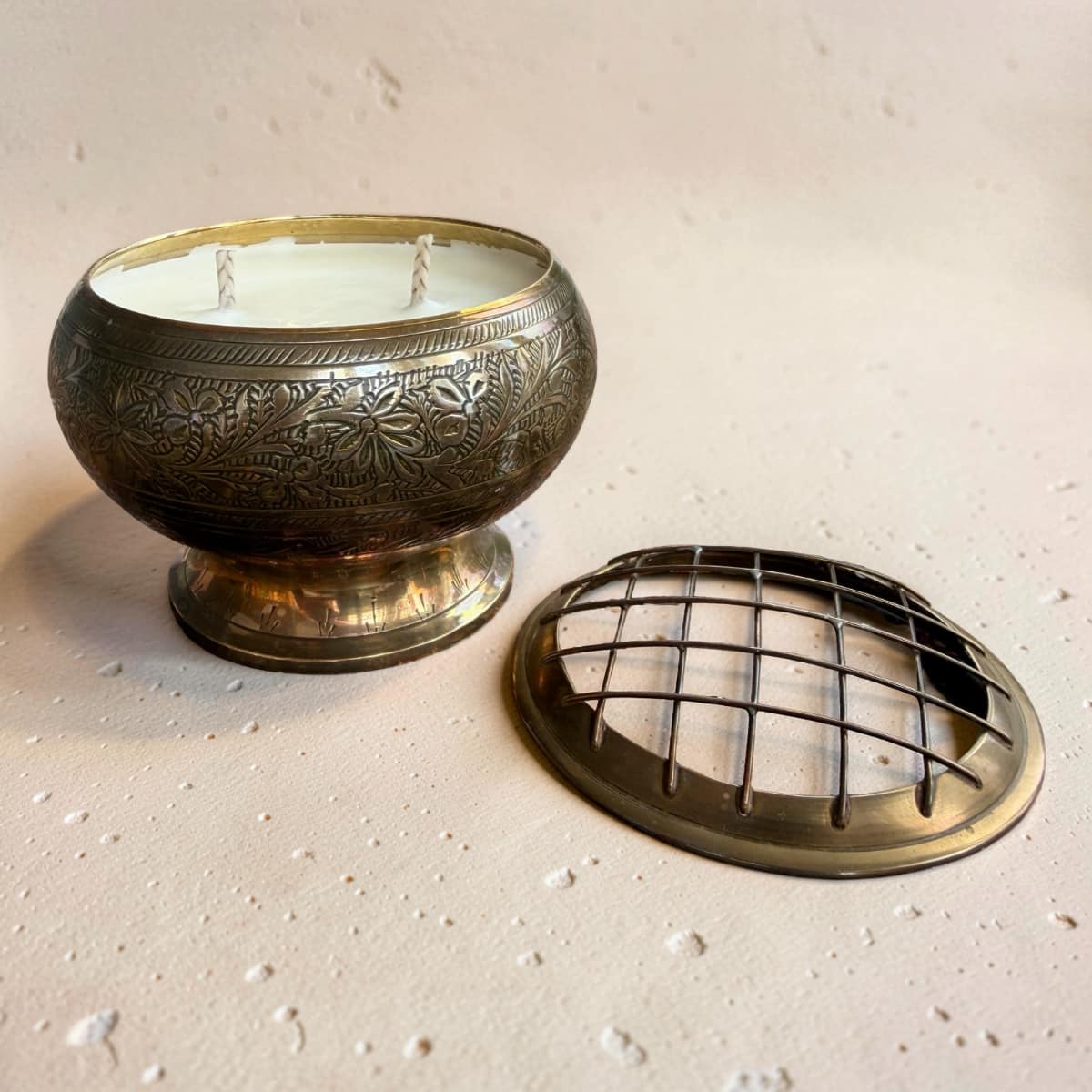 Repurposed Etched Brass Bowl Candle