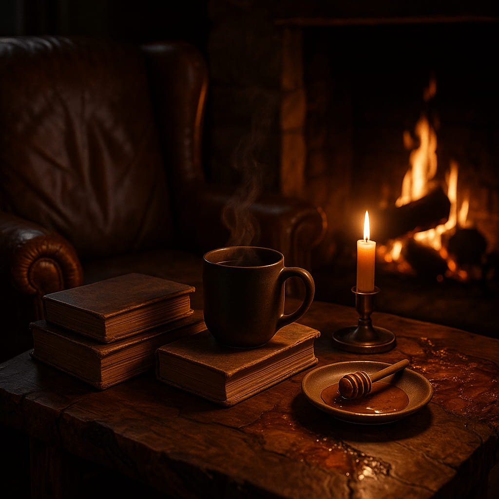 Cozy scene with a mug, books, and candle by a fireplace