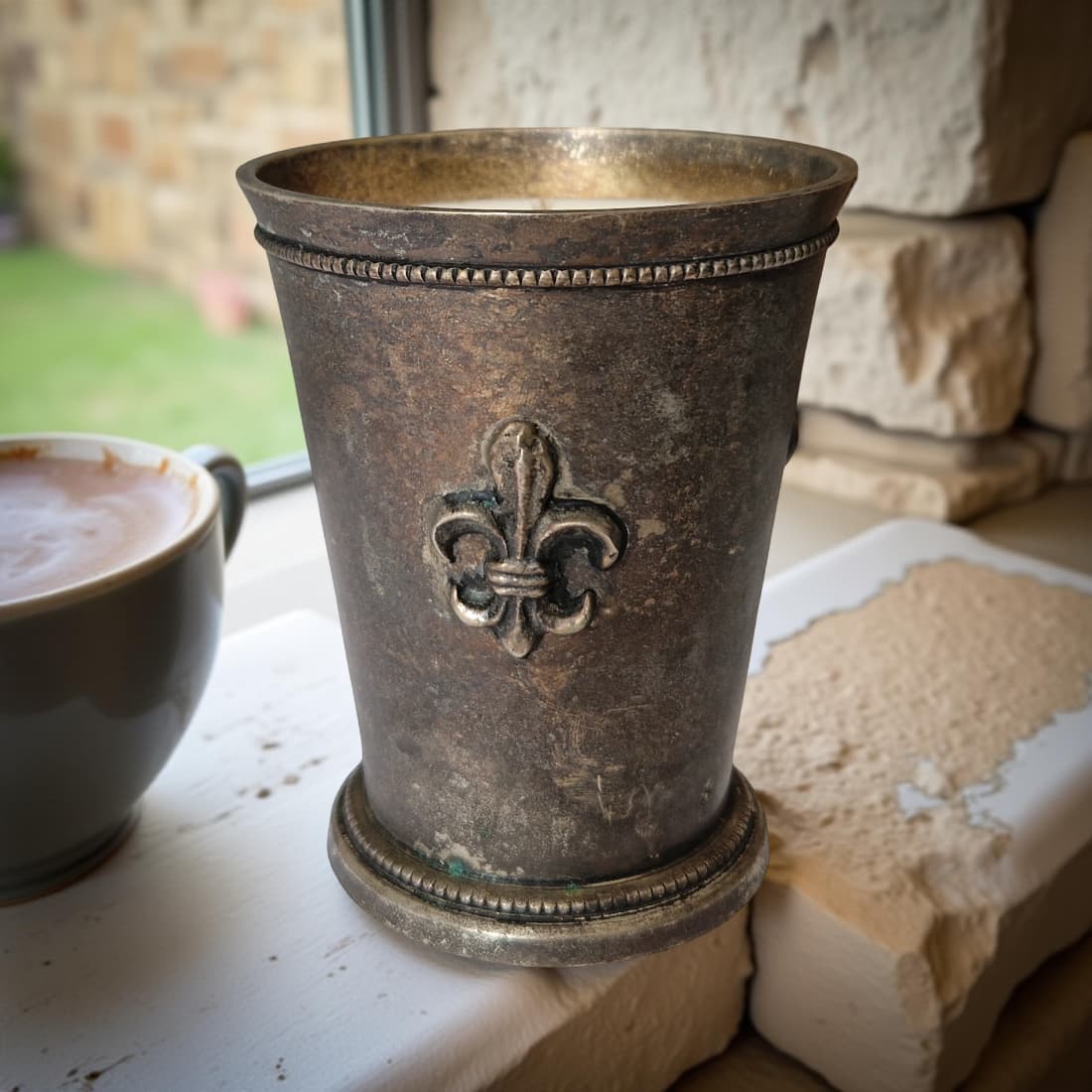 Vintage-style metal cup with fleur-de-lis design next to a cup of coffee on a stone surface.