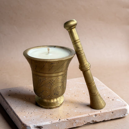 Repurposed Etched Brass Mortar Candle