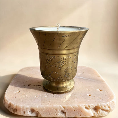 Repurposed Etched Brass Mortar Candle