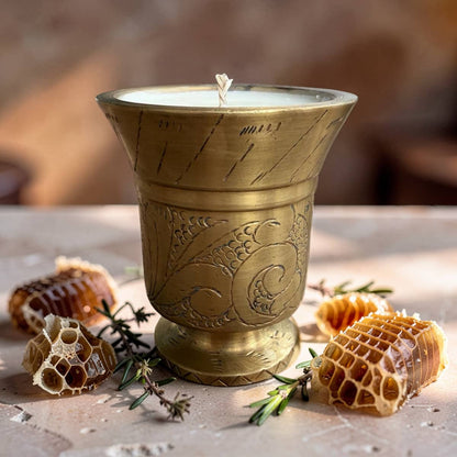 Repurposed Etched Brass Mortar Candle