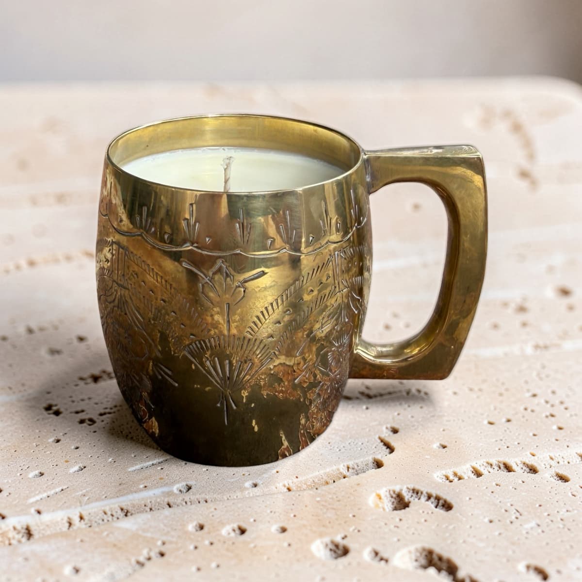 Repurposed Etched Brass Mug Candle