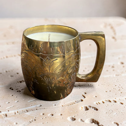 Repurposed Etched Brass Mug Candle