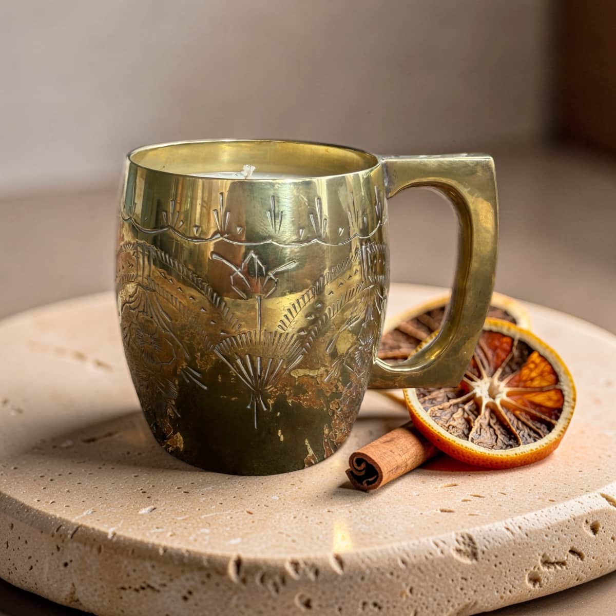 Repurposed Etched Brass Mug Candle