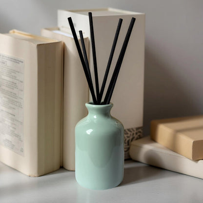 soft green ceramic diffuser bottle with black reeds