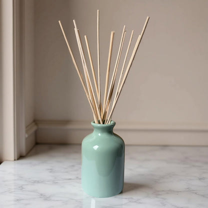 soft green ceramic diffuser bottle with pale reeds