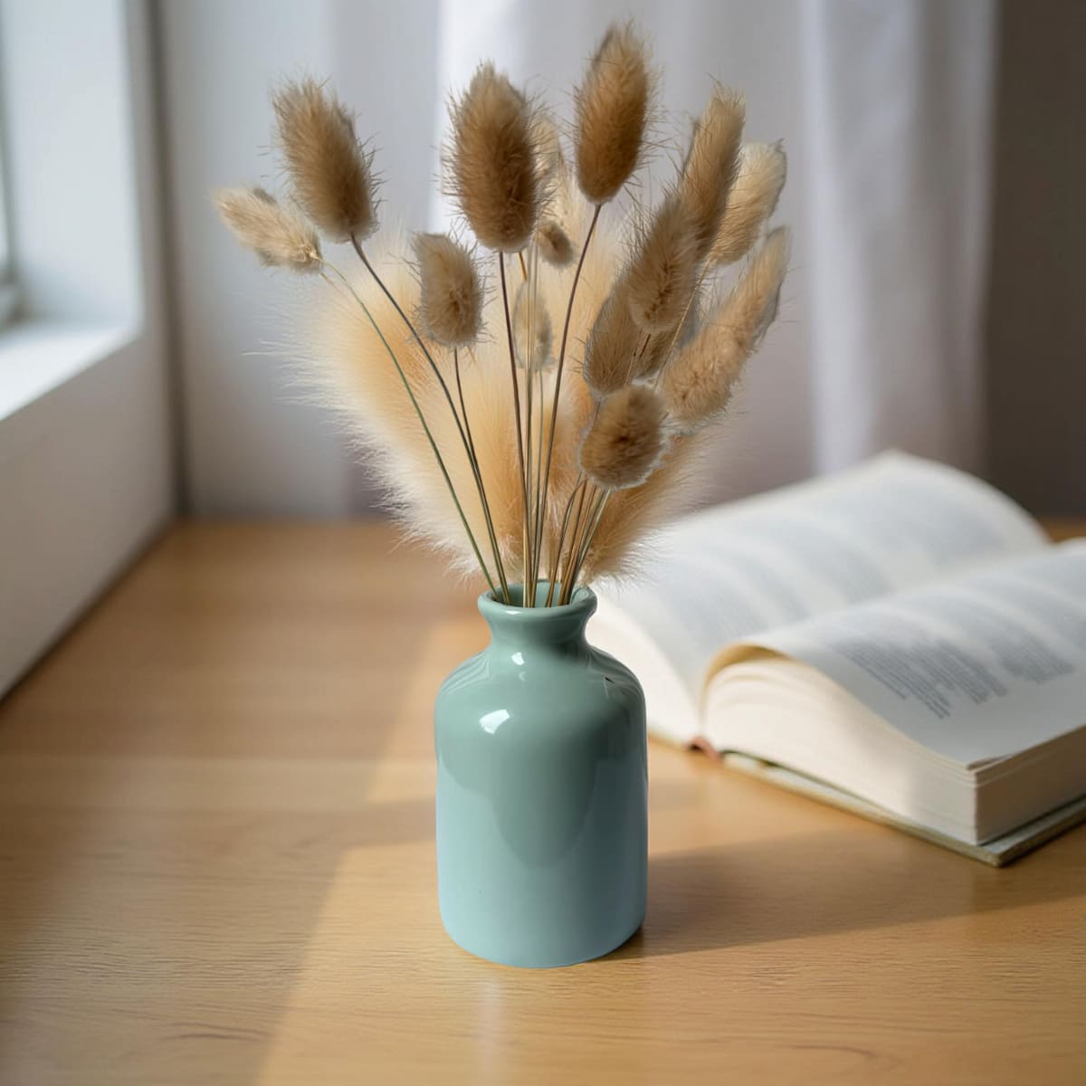 soft green ceramic diffuser bottle with baby pampas