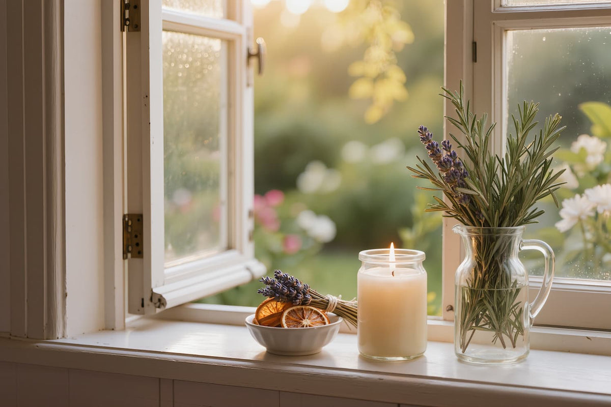 A lit white candle in a clear glass jar sits on a windowsill beside a glass vase filled with green herbs and lavender, with dried orange slices in a small bowl, set against a softly blurred garden view outside an open white window.