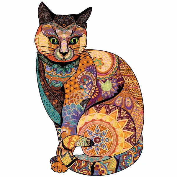 Colorful geometric patterned cat illustration on a white background