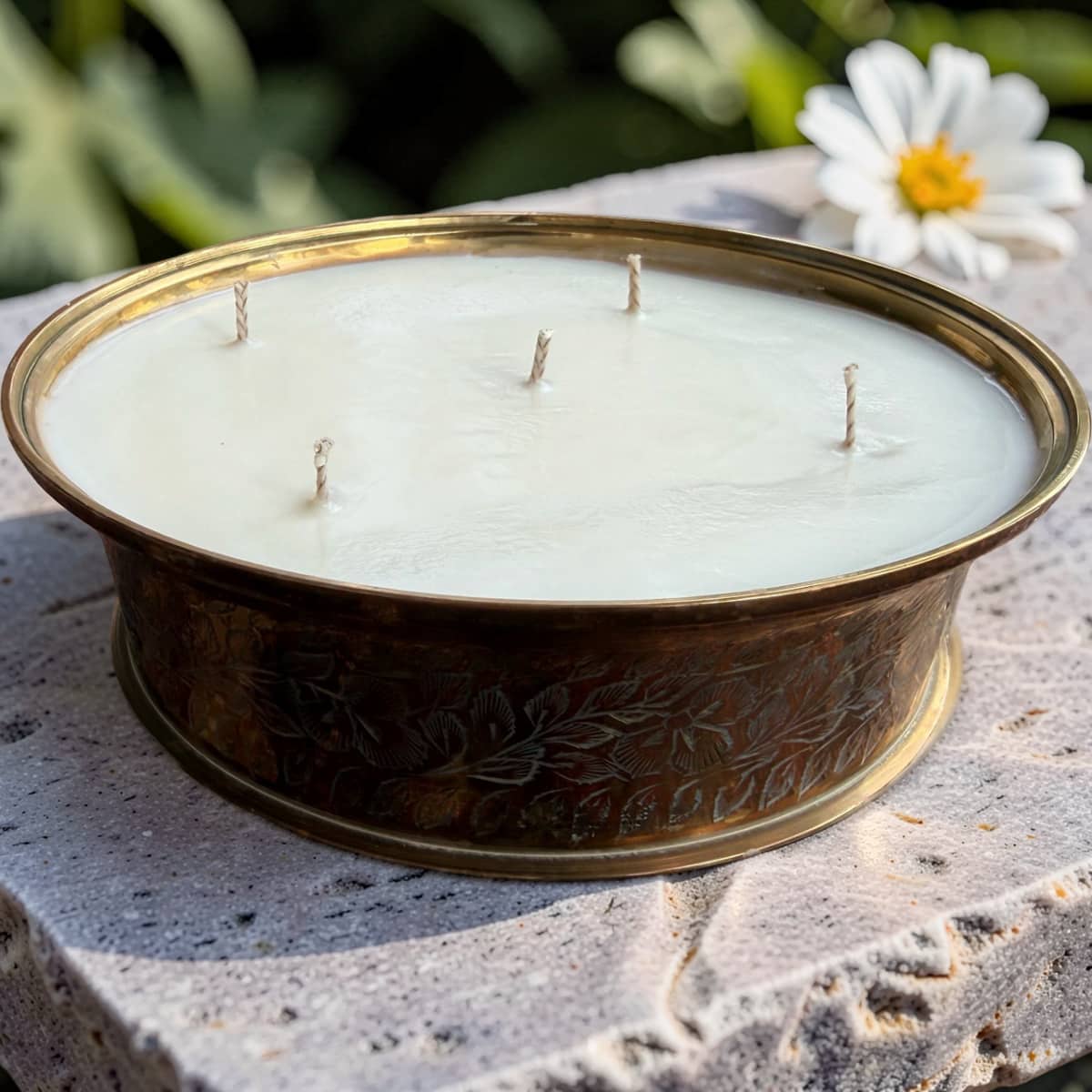 Repurposed Etched Brass Lidded Dish Candle