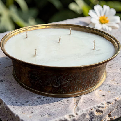 Repurposed Etched Brass Lidded Dish Candle