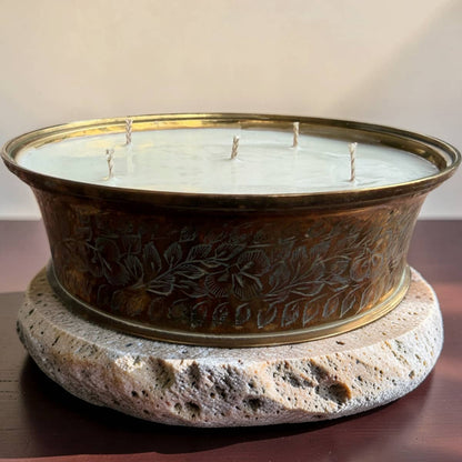 Repurposed Etched Brass Lidded Dish Candle