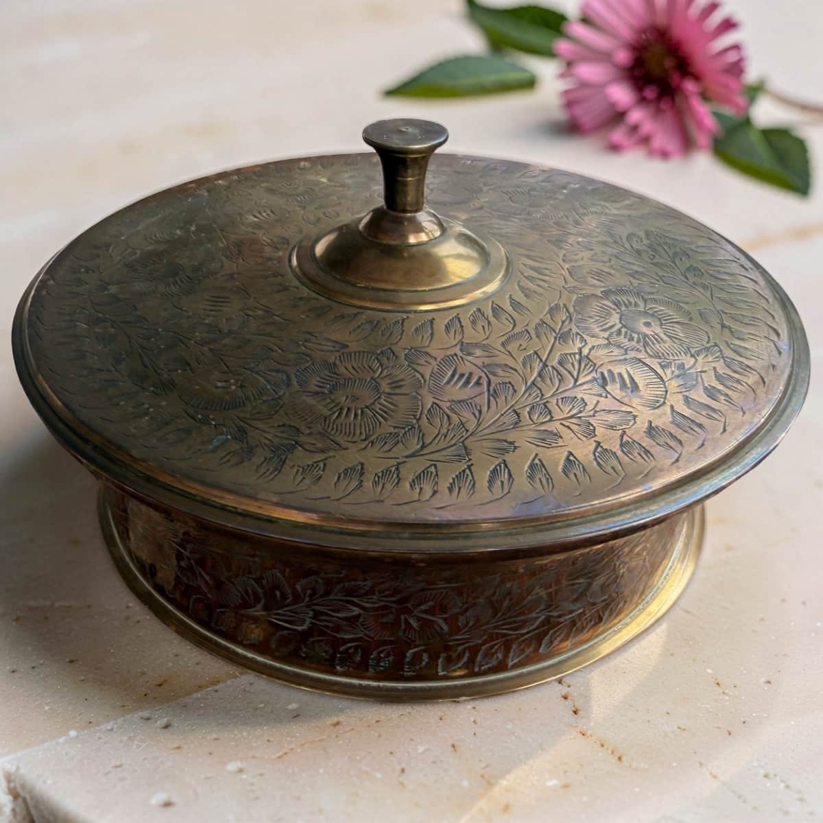 Repurposed Etched Brass Lidded Dish Candle