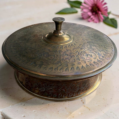 Repurposed Etched Brass Lidded Dish Candle