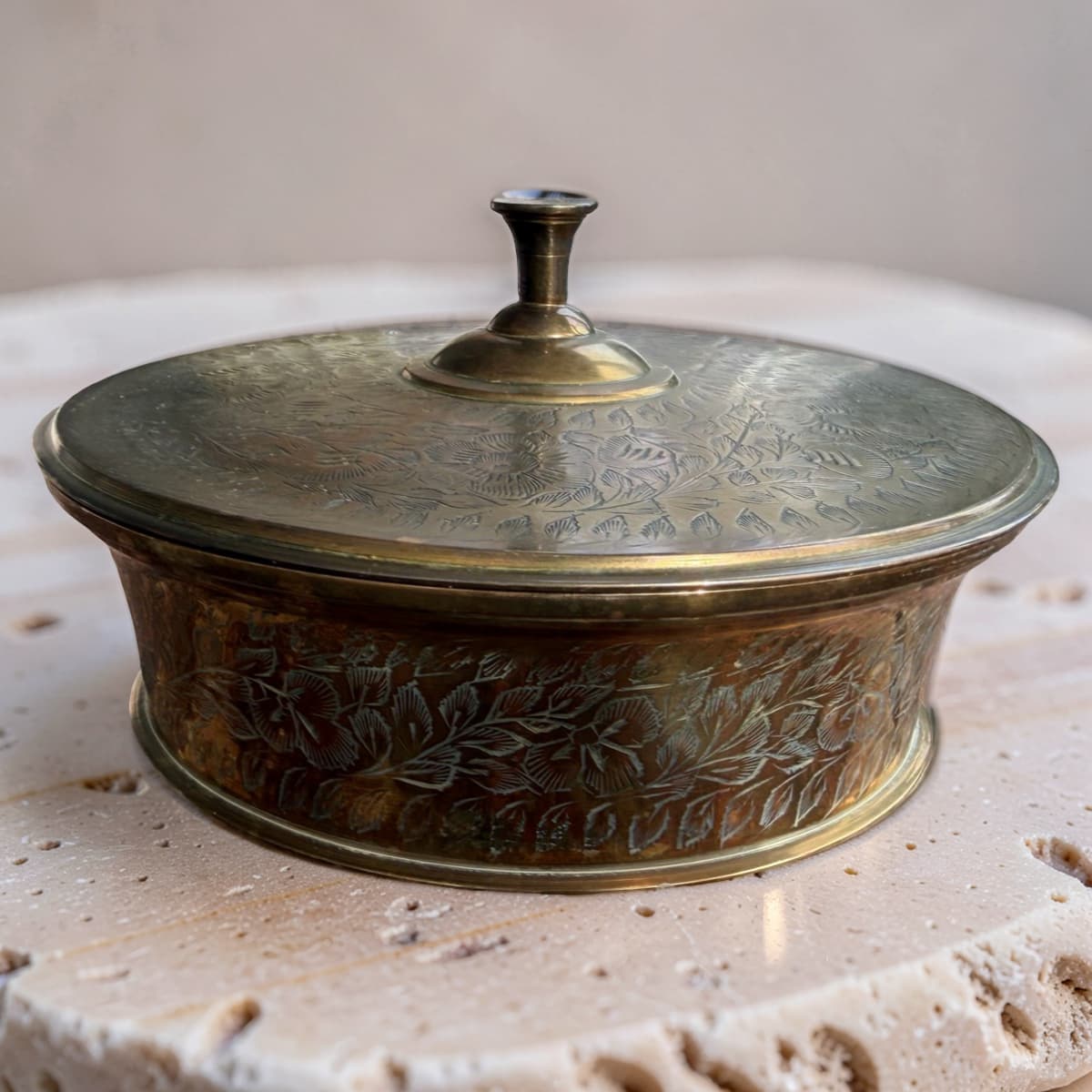 Repurposed Etched Brass Lidded Dish Candle