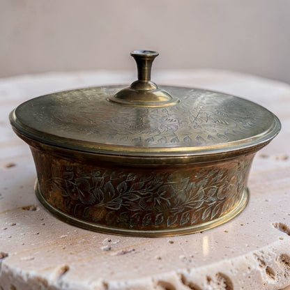 Repurposed Etched Brass Lidded Dish Candle