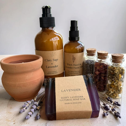 Collection of natural skincare and wellness products including bottles, a soap bar, and dried herbs on a neutral background.