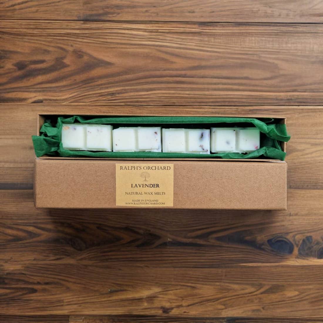 Box of Ralph's Orchard lavender wax melts on a wooden surface