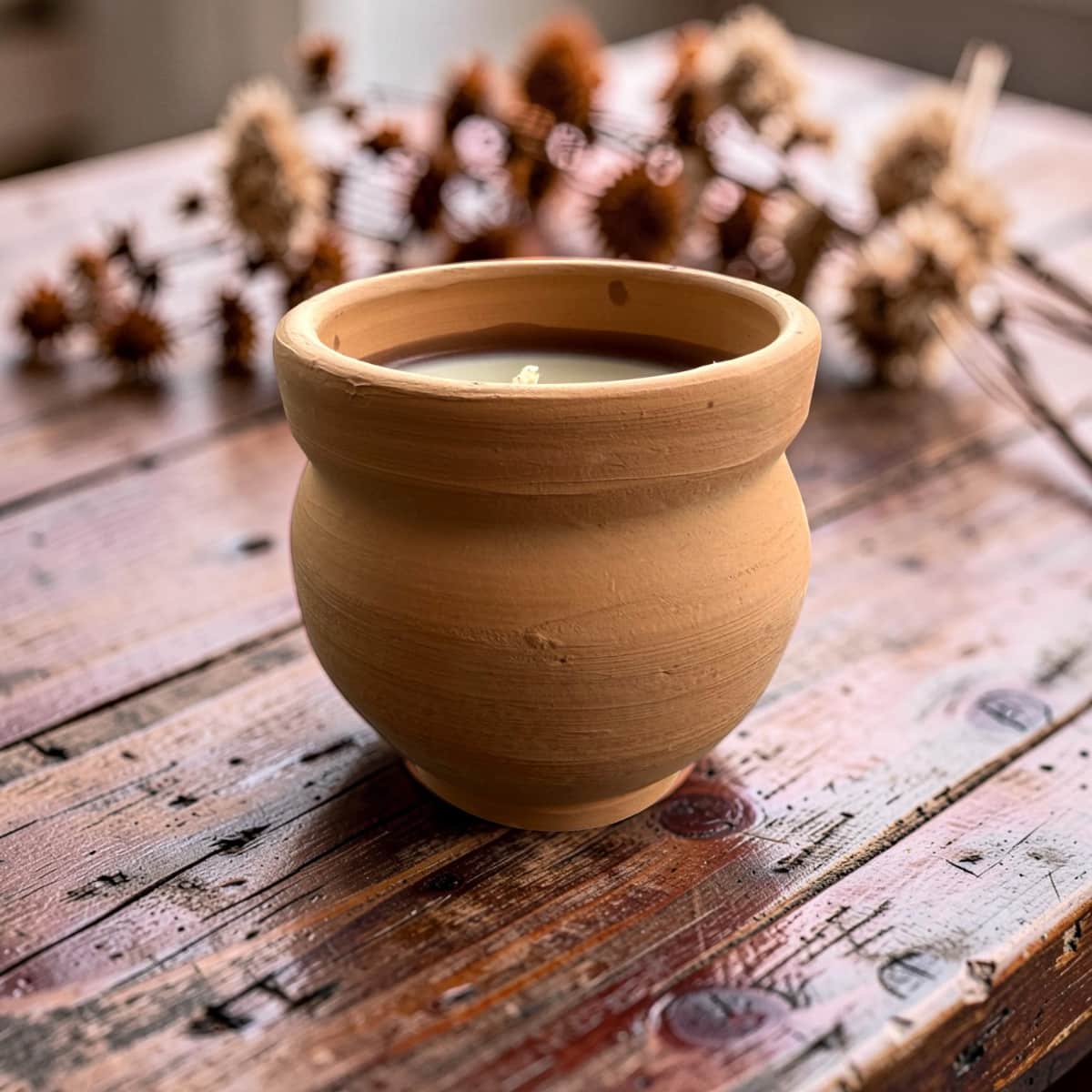 Terracotta pot with a candle on a wooden surface