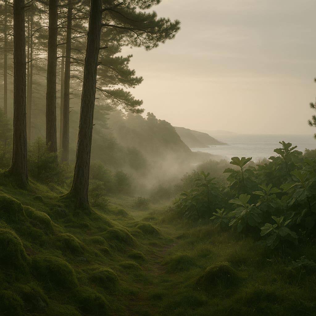 Misty forest scene with trees and foliage, leading to a coastal view.