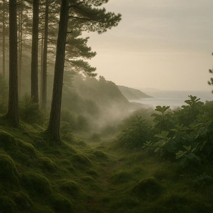 Misty forest scene with trees and foliage, leading to a coastal view.