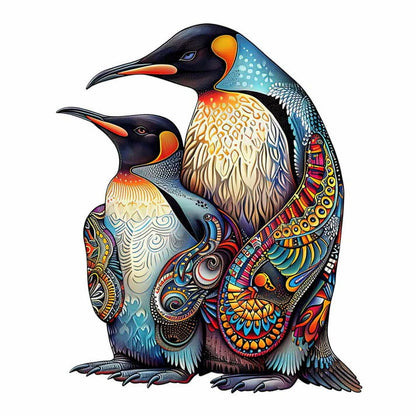 Colorful penguin illustration with intricate patterns on a white background
