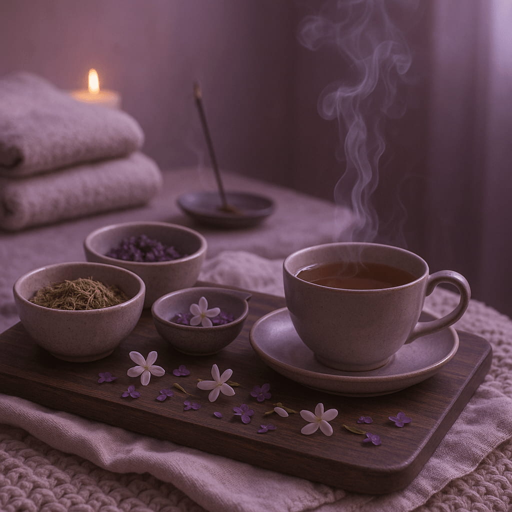 Steaming cup of tea on a wooden tray with bowls of herbs and flowers, candles, and incense in the background.