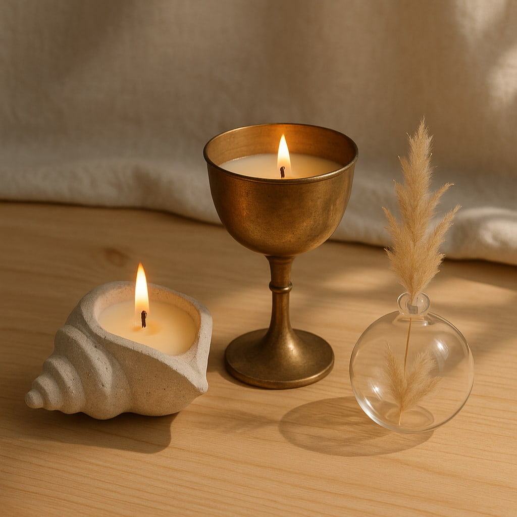 Three decorative candles arranged on a light wood surface against a draped beige fabric backdrop. The center candle is in a brass goblet-shaped holder, the left candle is in a white seashell-shaped holder, and the right candle is in a clear glass orb with dried pampas grass.