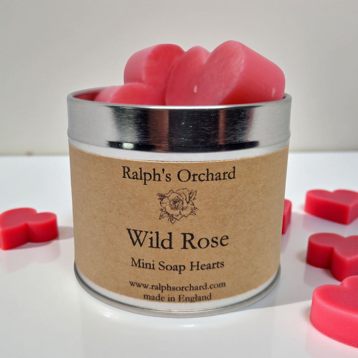 Canister of Ralph's Orchard Wild Rose Mini Soap Hearts with a white background