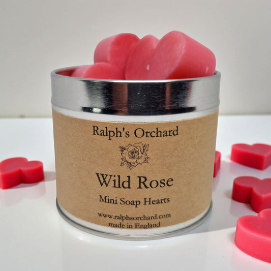 Canister of Ralph's Orchard Wild Rose Mini Soap Hearts with a white background