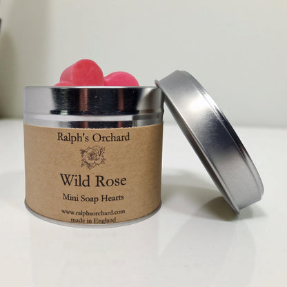 Container of Ralph's Orchard Wild Rose Mini Soap Hearts with a silver lid on a white background