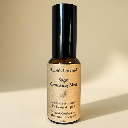 Bottle of Ralph's Orchard Sage Cleansing Mist on a beige background
