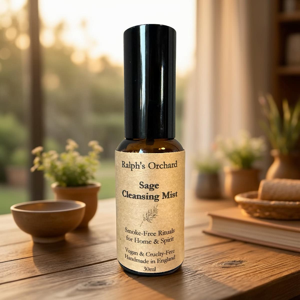 Sage Cleansing Mist bottle on a wooden surface with a blurred natural background