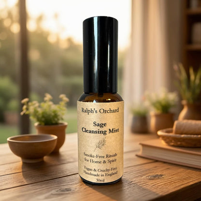 Sage Cleansing Mist bottle on a wooden surface with a blurred natural background