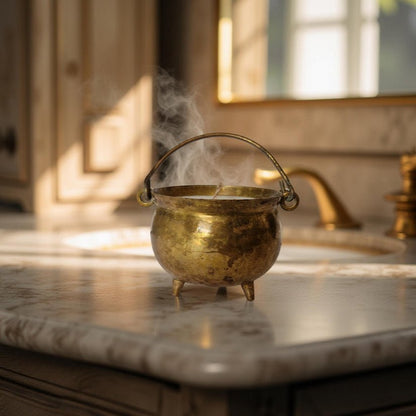 Brass pot with steam on a marble countertop in a kitchen.