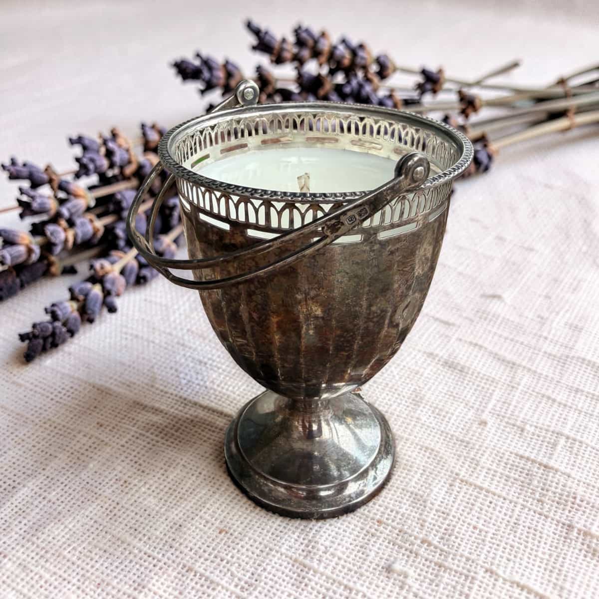 Repurposed Silver Fretwork Basket Candle