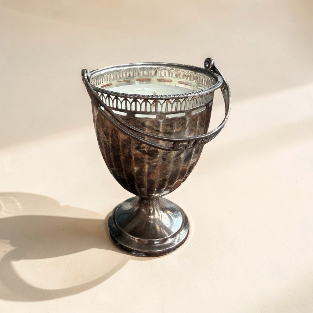 Repurposed Silver Fretwork Basket Candle