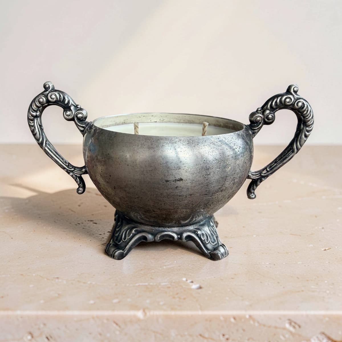 Repurposed Silver Sugar Bowl Candle