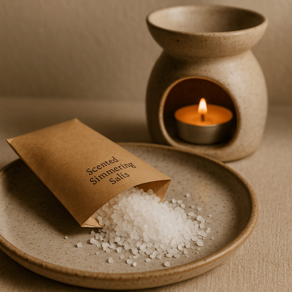 Scented simmering salts with a ceramic container and candle on a beige background