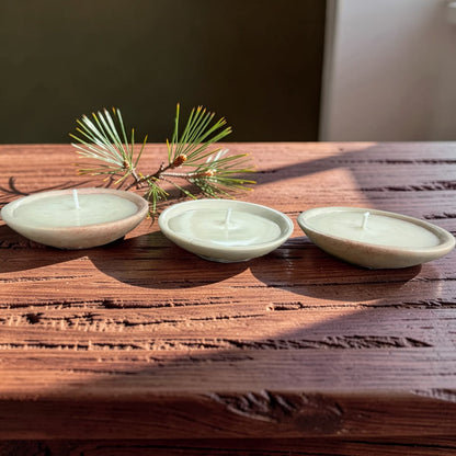 Three small round candles in shallow ceramic holders arranged on a rustic wooden table, with a pine branch placed behind them in a softly lit indoor setting.