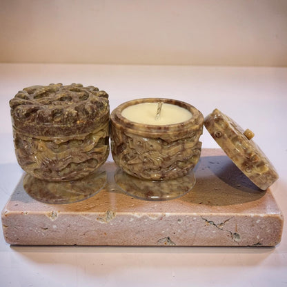Vintage Carved Soapstone Trinket Pot Candle Pair