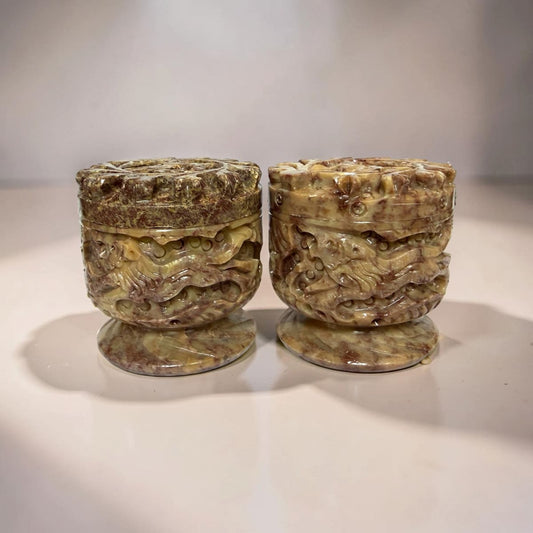 Vintage Carved Soapstone Trinket Pot Candle Pair