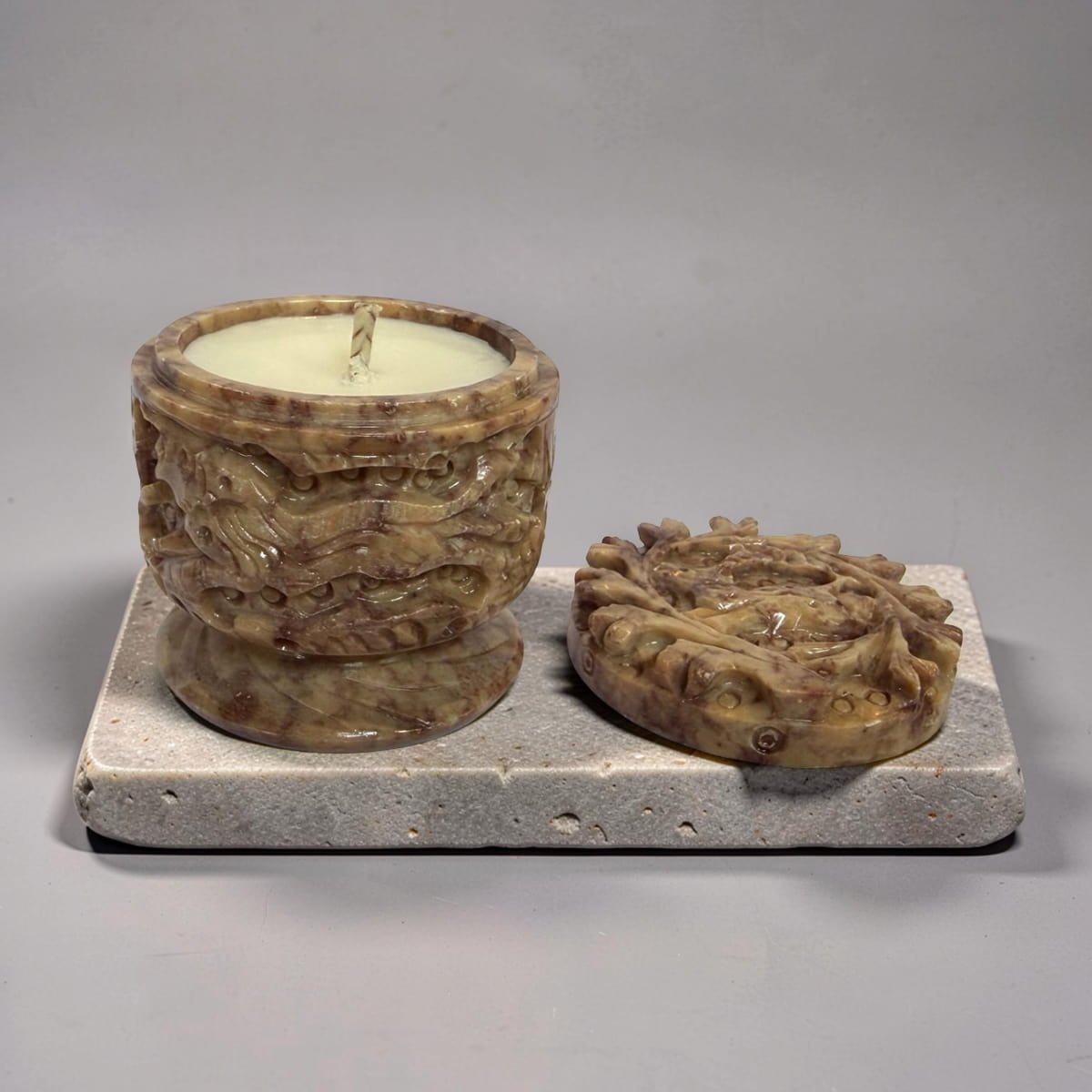 Vintage Carved Soapstone Trinket Pot Candle Pair