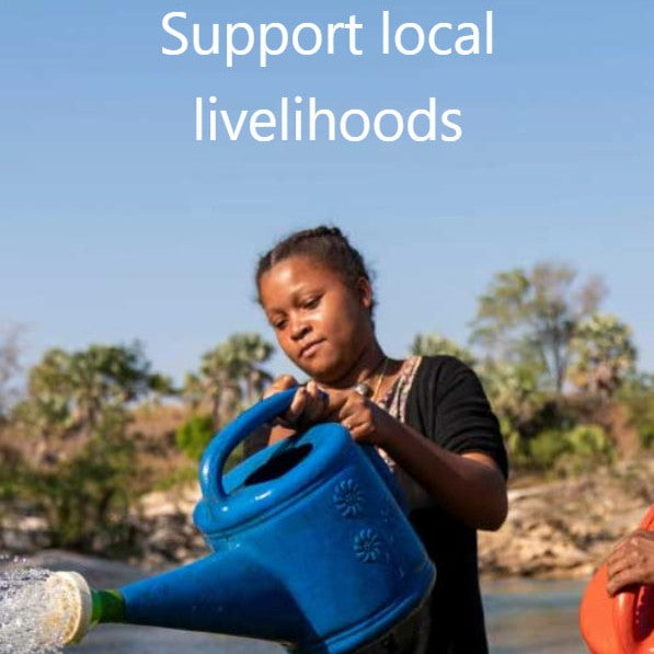 Person using a blue watering can with text 'Support local livelihoods' against a natural background