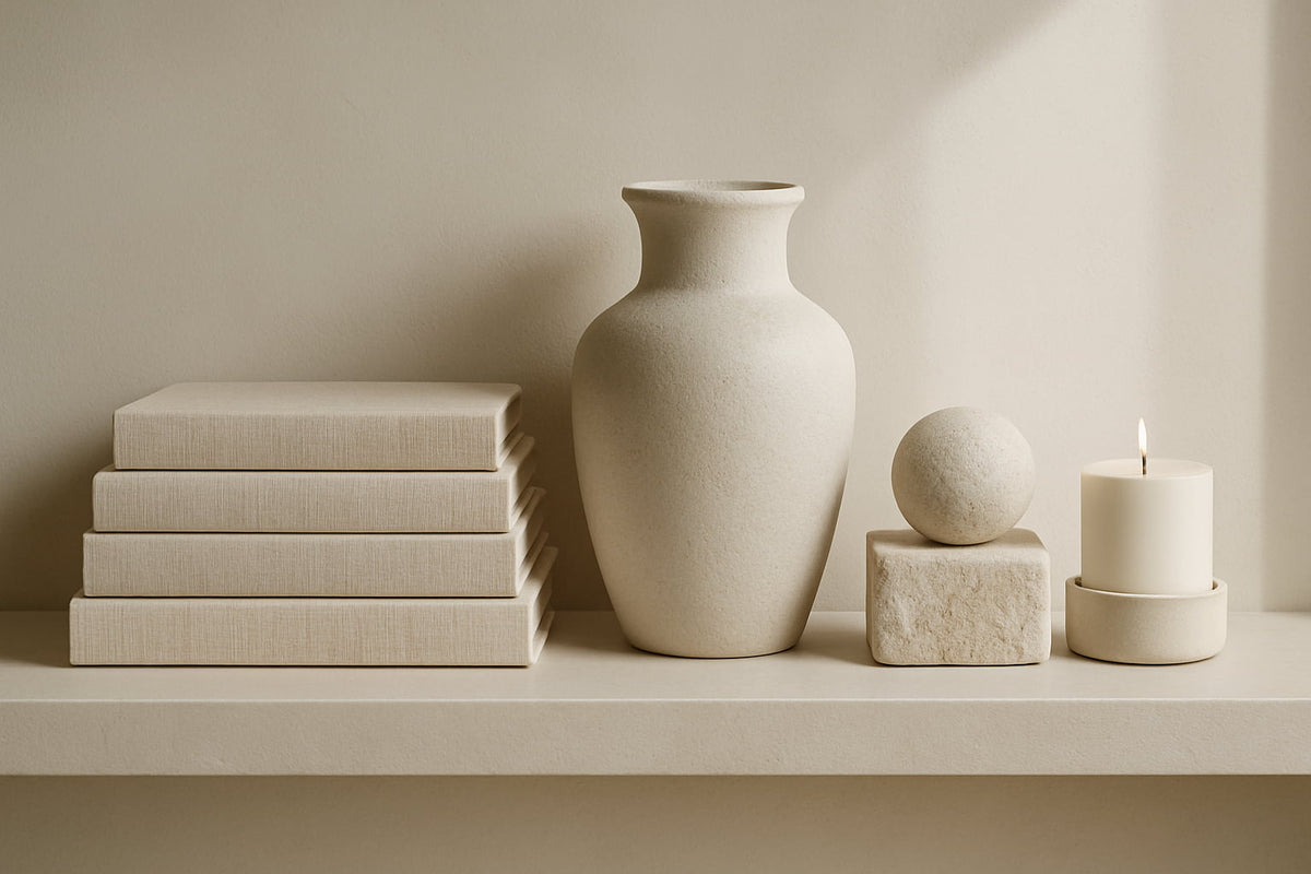 White vase, books, and candle on a shelf against a beige wall