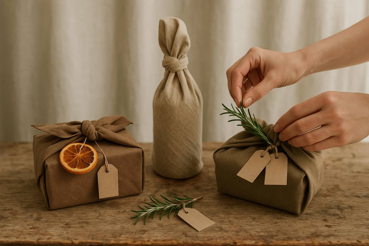 Three wrapped gifts on a wooden surface with a neutral background