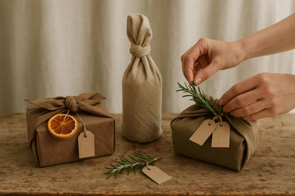 Three wrapped gifts on a wooden surface with a neutral background