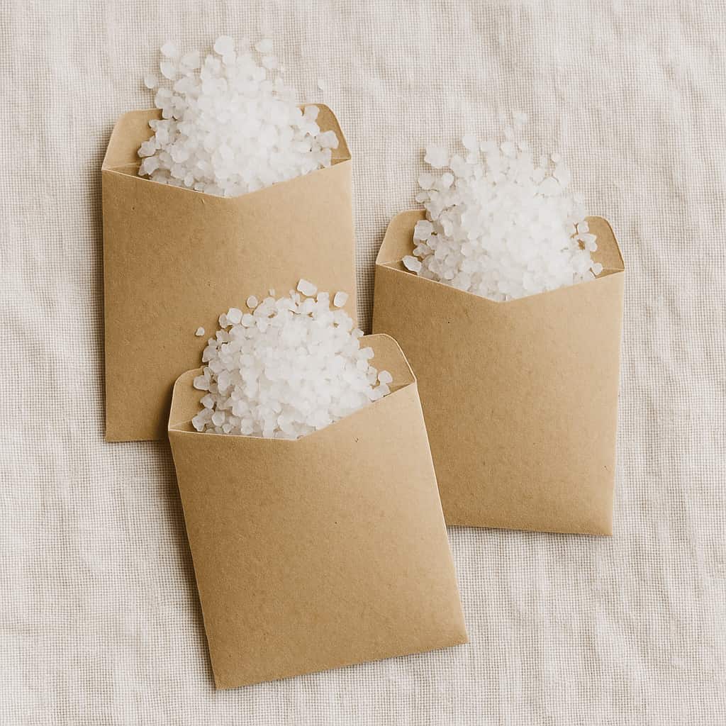 Three brown paper envelopes filled with white salt on a textured beige background