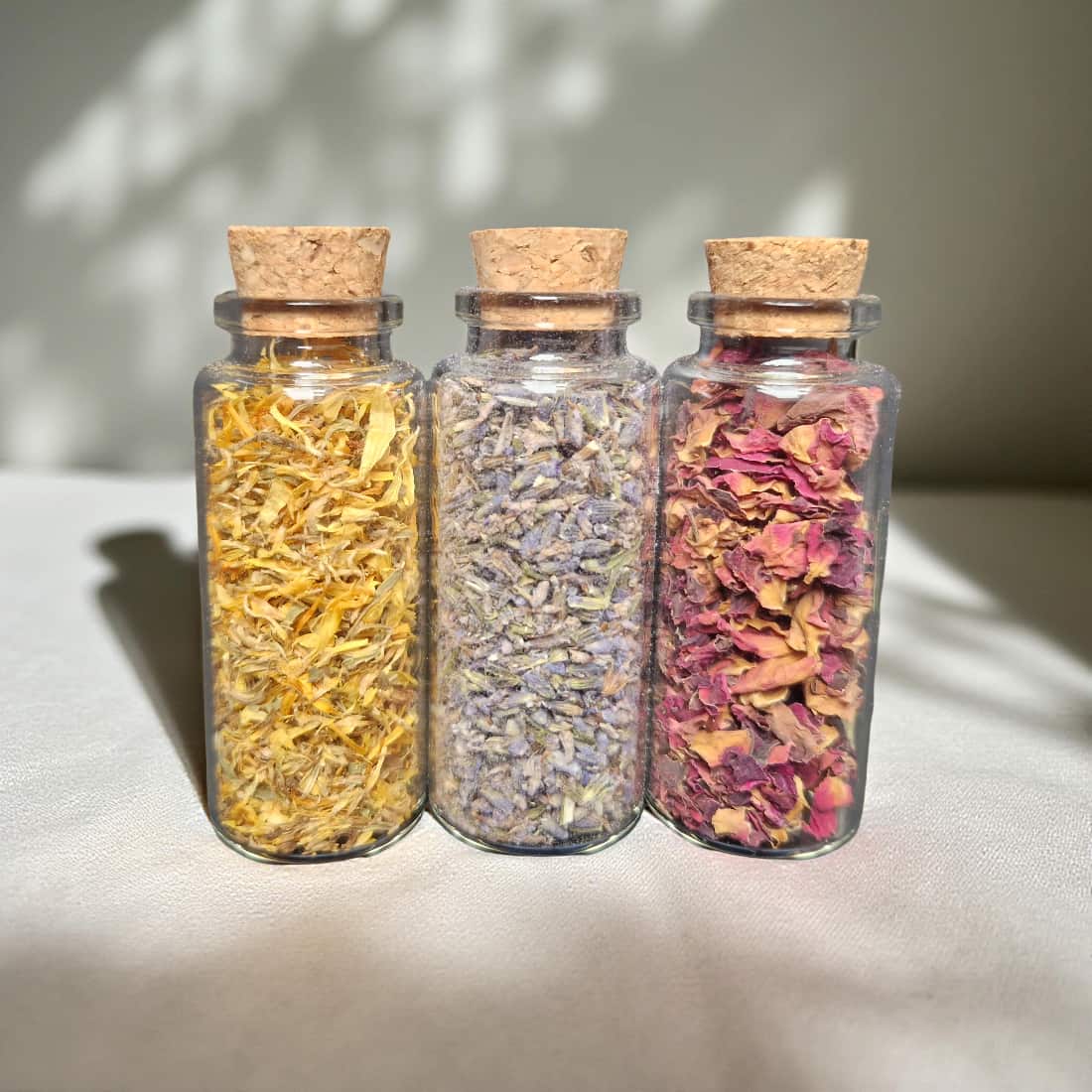 Three glass jars with cork lids containing dried herbs on a light surface.